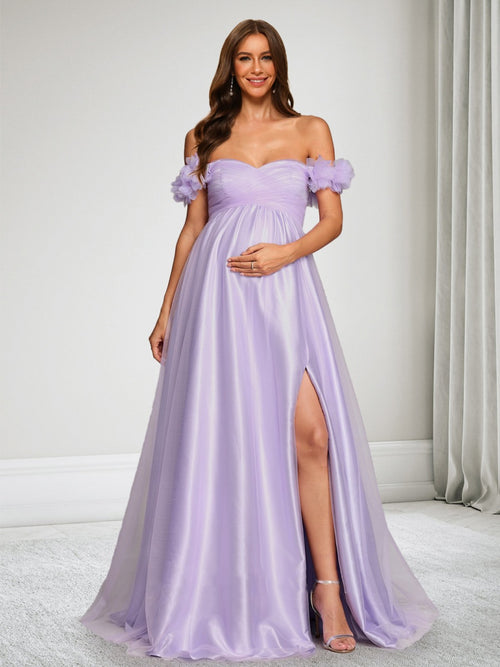 A-Line/Princess Off-the-Shoulder Floor Length Baby Shower Wedding Guest Dresses with Side Slit & 3D Flower