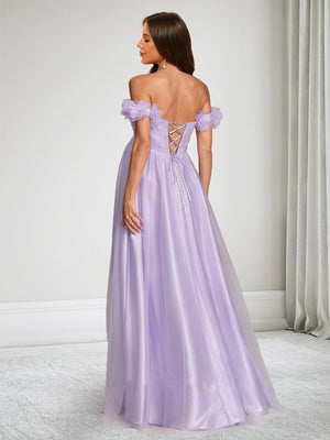 A-Line/Princess Off-the-Shoulder Floor Length Baby Shower Wedding Guest Dresses with Side Slit & 3D Flower