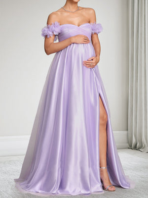 A-Line/Princess Off-the-Shoulder Floor Length Baby Shower Wedding Guest Dresses with Side Slit & 3D Flower