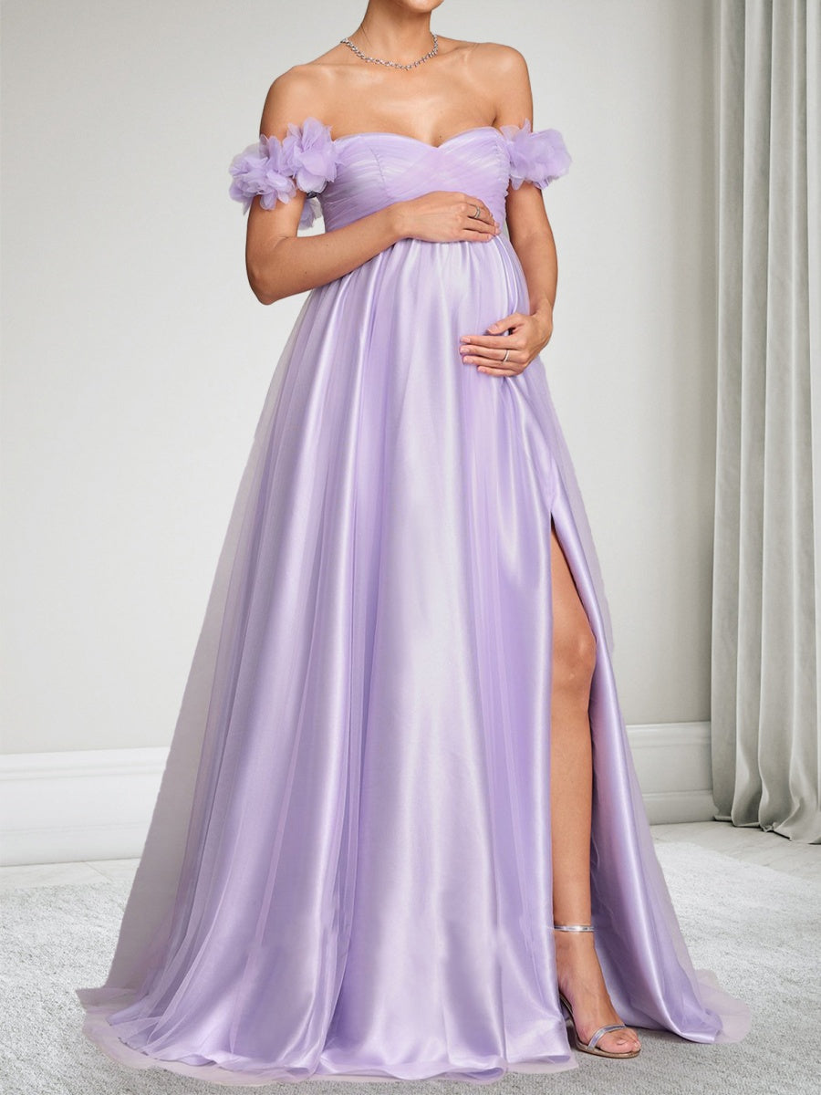 A-Line/Princess Off-the-Shoulder Floor Length Baby Shower Wedding Guest Dresses with Side Slit & 3D Flower