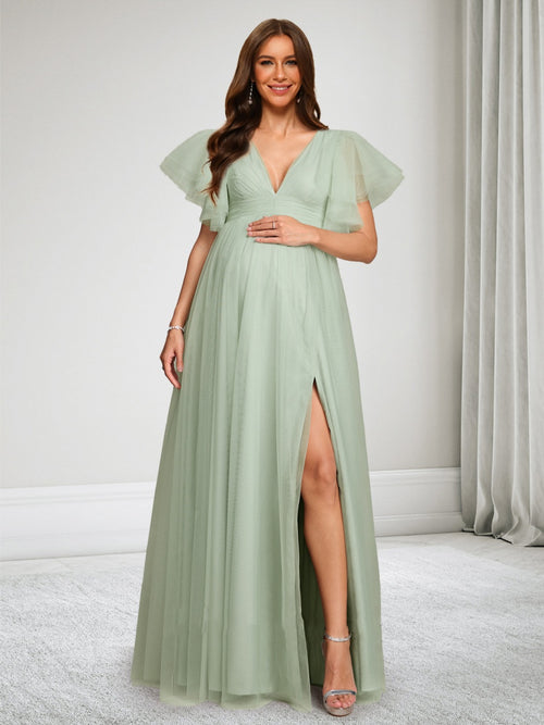 A-Line/Princess V-Neck Floor Length Tulle Baby Shower Wedding Guest Dresses with Side Slit