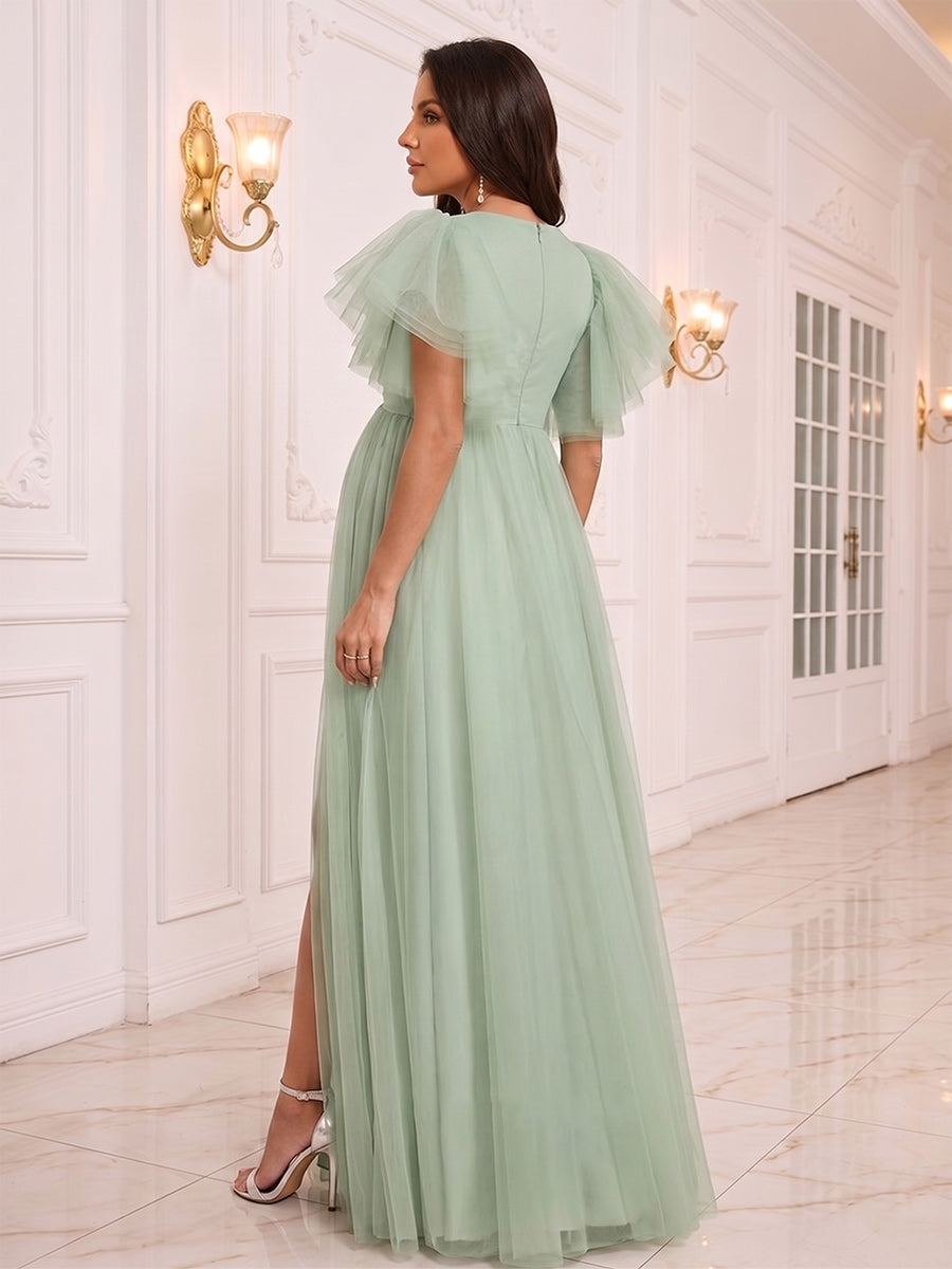 A-Line/Princess V-Neck Floor Length Tulle Maternity Wedding Guest Dresses with Side Slit