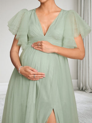 A-Line/Princess V-Neck Floor Length Tulle Baby Shower Wedding Guest Dresses with Side Slit