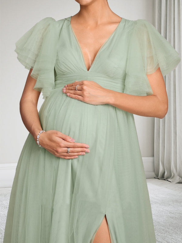 A-Line/Princess V-Neck Floor Length Tulle Baby Shower Wedding Guest Dresses with Side Slit