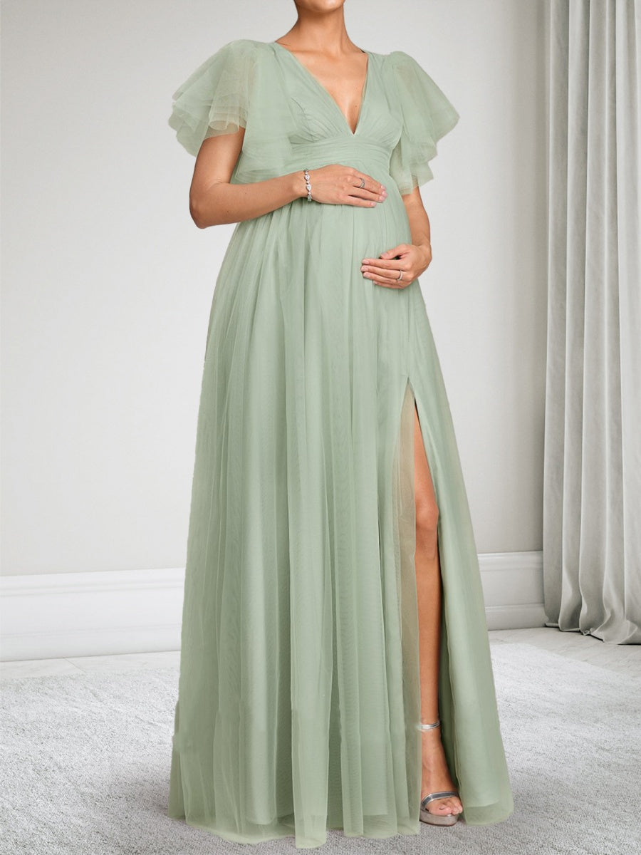 A-Line/Princess V-Neck Floor Length Tulle Baby Shower Wedding Guest Dresses with Side Slit