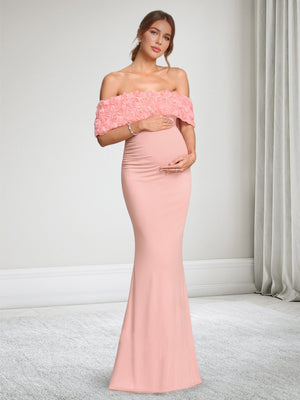 Trumpet/Mermaid Off-the-Shoulder Floor-Length Baby Shower Wedding Guest Dresses with 3D Floral