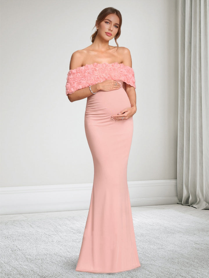 Trumpet/Mermaid Off-the-Shoulder Floor-Length Maternity Wedding Guest Dresses with 3D Floral