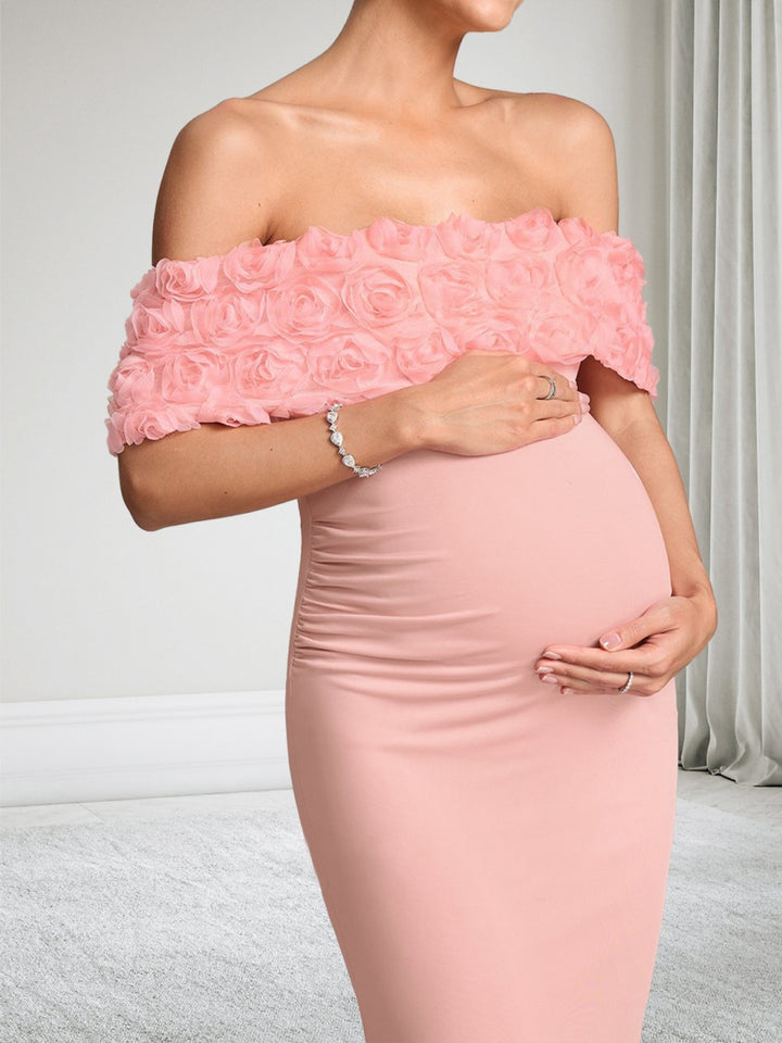 Trumpet/Mermaid Off-the-Shoulder Floor-Length Maternity Wedding Guest Dresses with 3D Floral