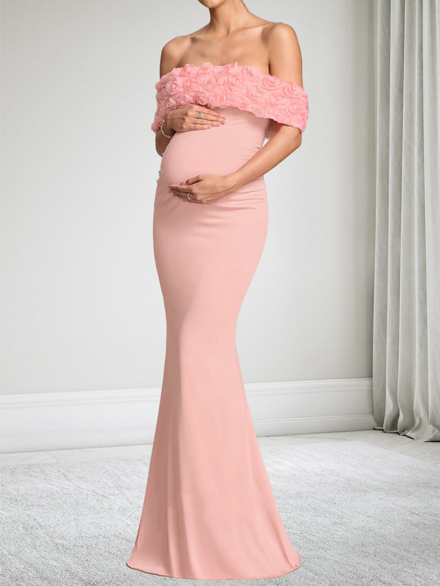 Trumpet/Mermaid Off-the-Shoulder Floor-Length Maternity Wedding Guest Dresses with 3D Floral