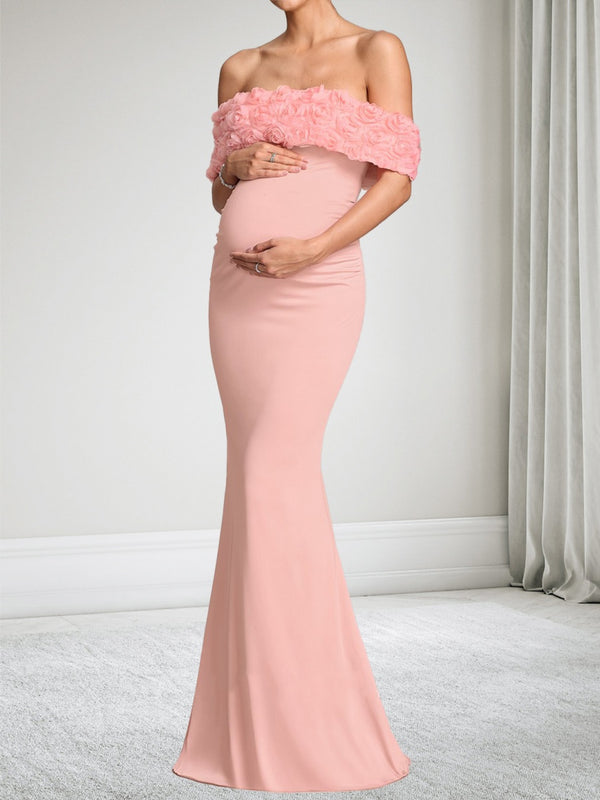 Trumpet/Mermaid Off-the-Shoulder Floor-Length Baby Shower Wedding Guest Dresses with 3D Floral