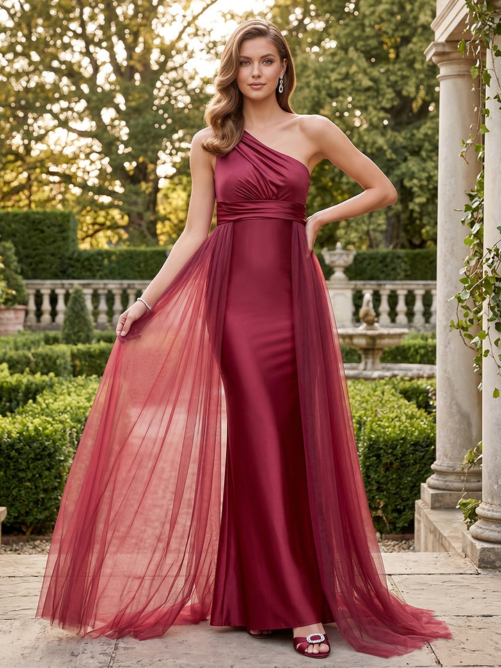 Sheath/Cloumn One Shoulder Sleeveless Floor-Length Maternity Wedding Guest Dresses with Waist Cape
