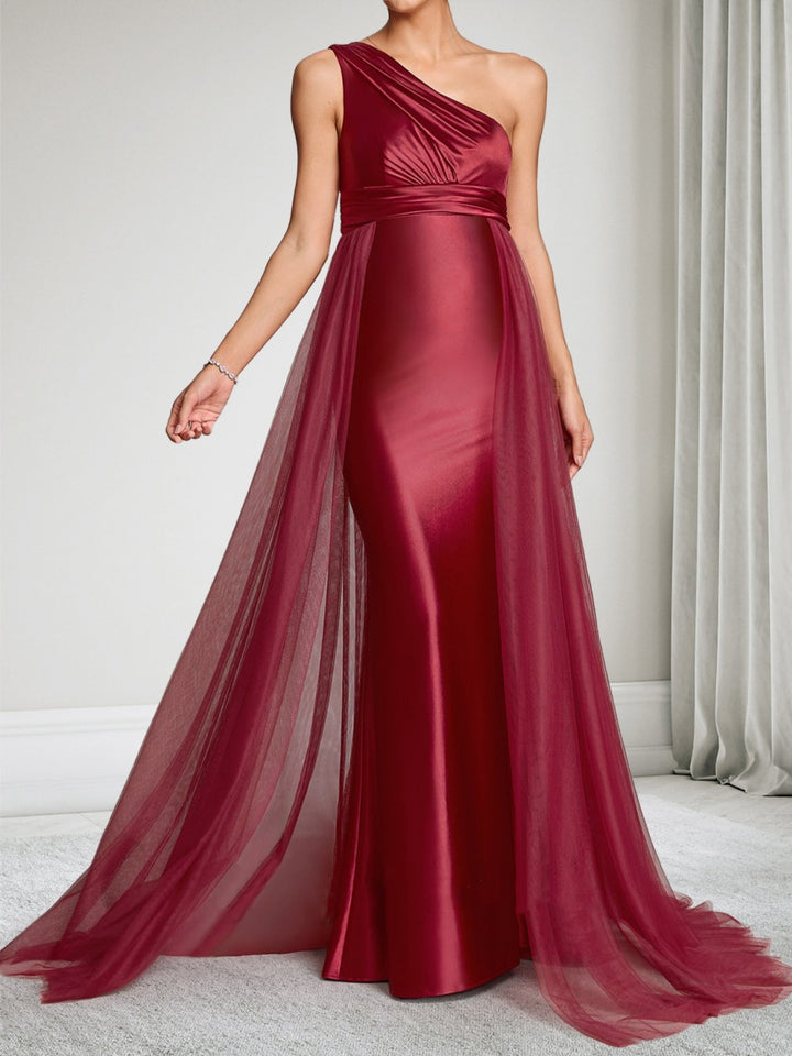Sheath/Cloumn One Shoulder Sleeveless Floor-Length Maternity Wedding Guest Dresses with Waist Cape