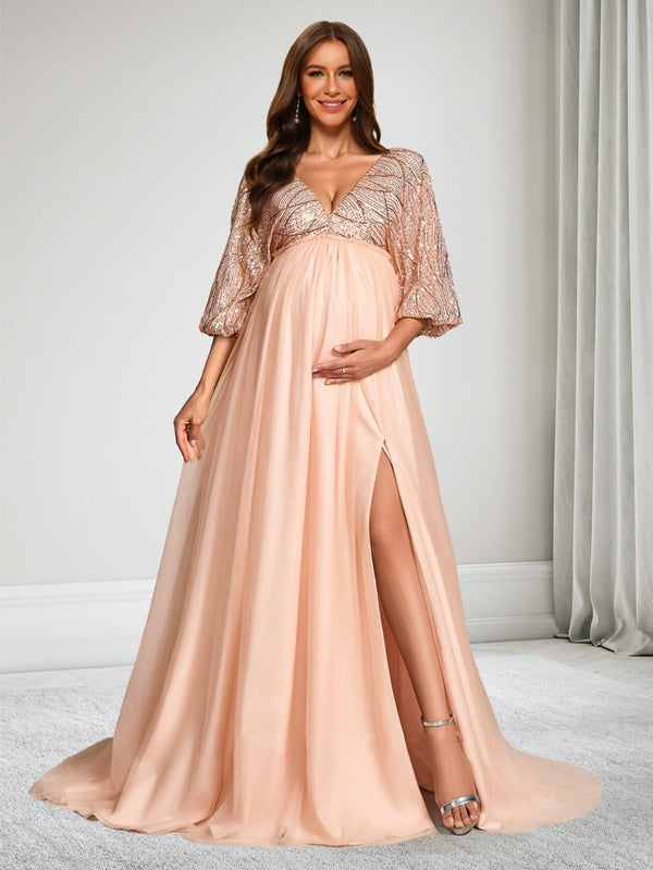 A-Line/Princess V-Neck 3/4 Sleeves Sweep Train Tulle Sequin Baby Shower Wedding Guest Dresses with Side Slit