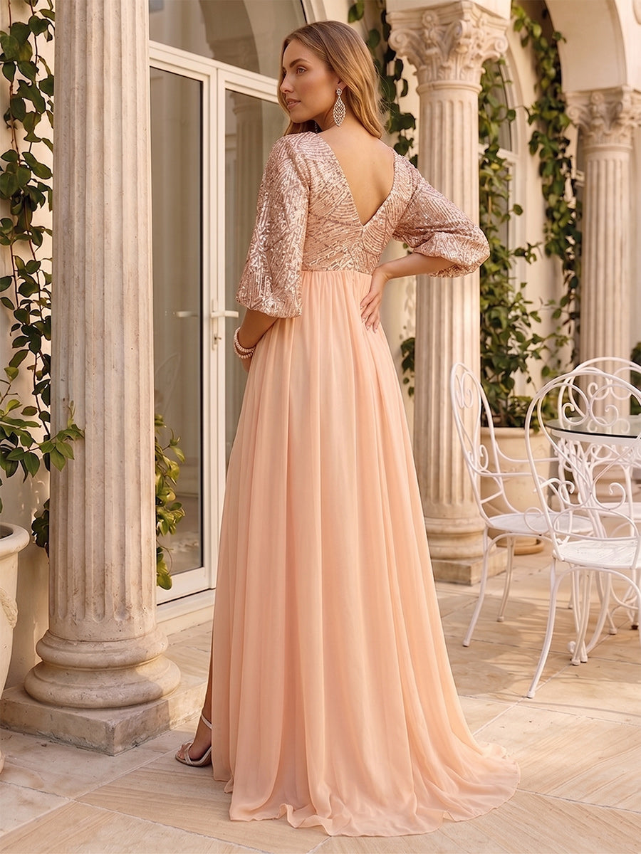 A-Line/Princess V-Neck 3/4 Sleeves Sweep Train Tulle Sequin Maternity Wedding Guest Dresses with Side Slit