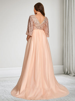 A-Line/Princess V-Neck 3/4 Sleeves Sweep Train Tulle Sequin Baby Shower Wedding Guest Dresses with Side Slit