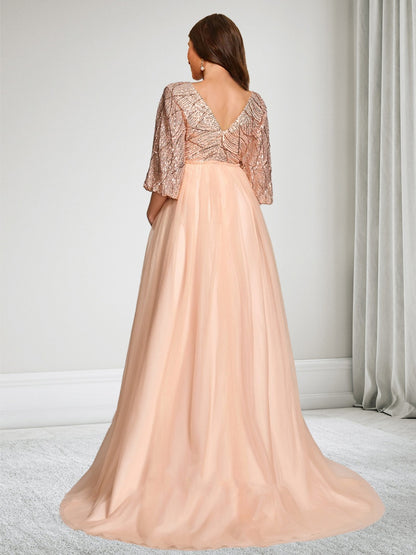 A-Line/Princess V-Neck 3/4 Sleeves Sweep Train Tulle Sequin Baby Shower Wedding Guest Dresses with Side Slit