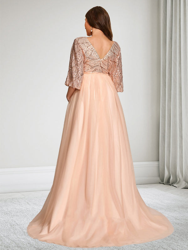 A-Line/Princess V-Neck 3/4 Sleeves Sweep Train Tulle Sequin Baby Shower Wedding Guest Dresses with Side Slit