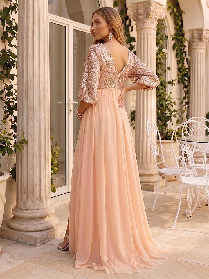 A-Line/Princess V-Neck 3/4 Sleeves Sweep Train Tulle Sequin Maternity Wedding Guest Dresses with Side Slit