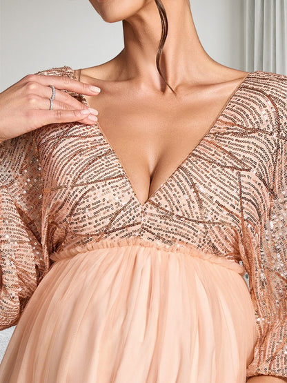 A-Line/Princess V-Neck 3/4 Sleeves Sweep Train Tulle Sequin Baby Shower Wedding Guest Dresses with Side Slit