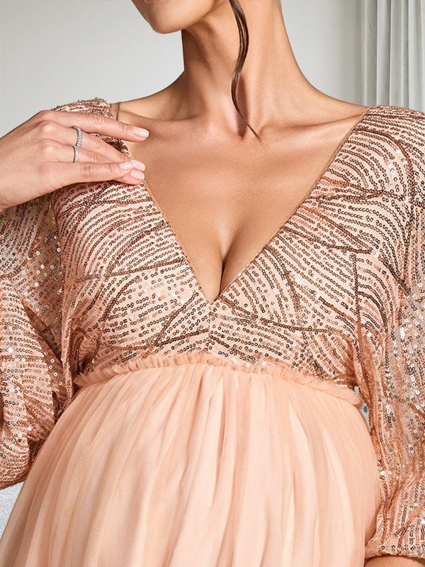 A-Line/Princess V-Neck 3/4 Sleeves Sweep Train Tulle Sequin Baby Shower Wedding Guest Dresses with Side Slit