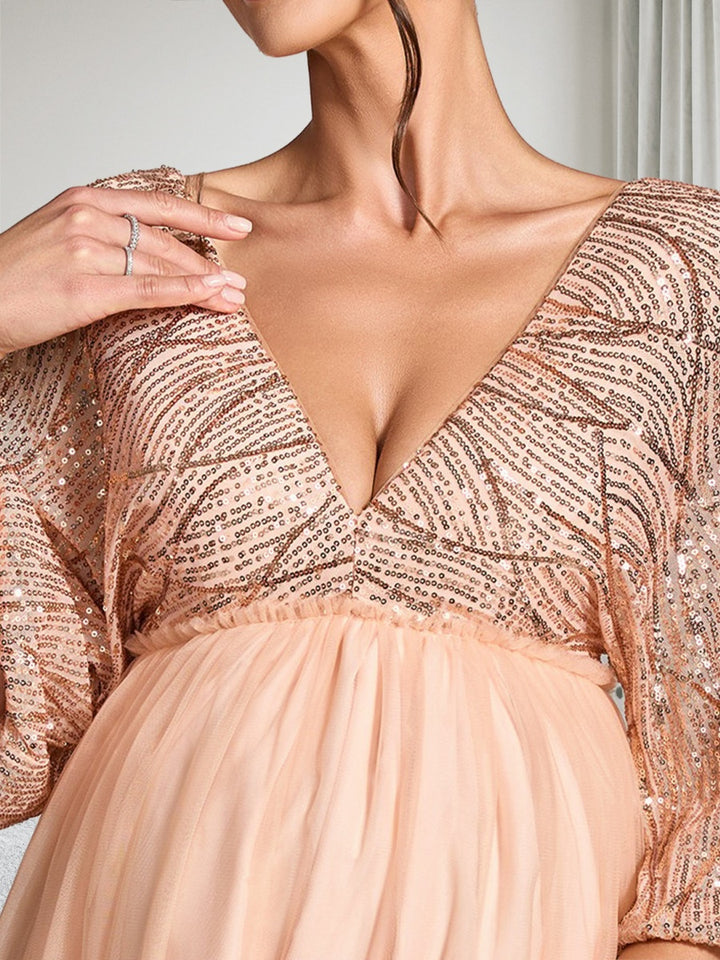 A-Line/Princess V-Neck 3/4 Sleeves Sweep Train Tulle Sequin Maternity Wedding Guest Dresses with Side Slit