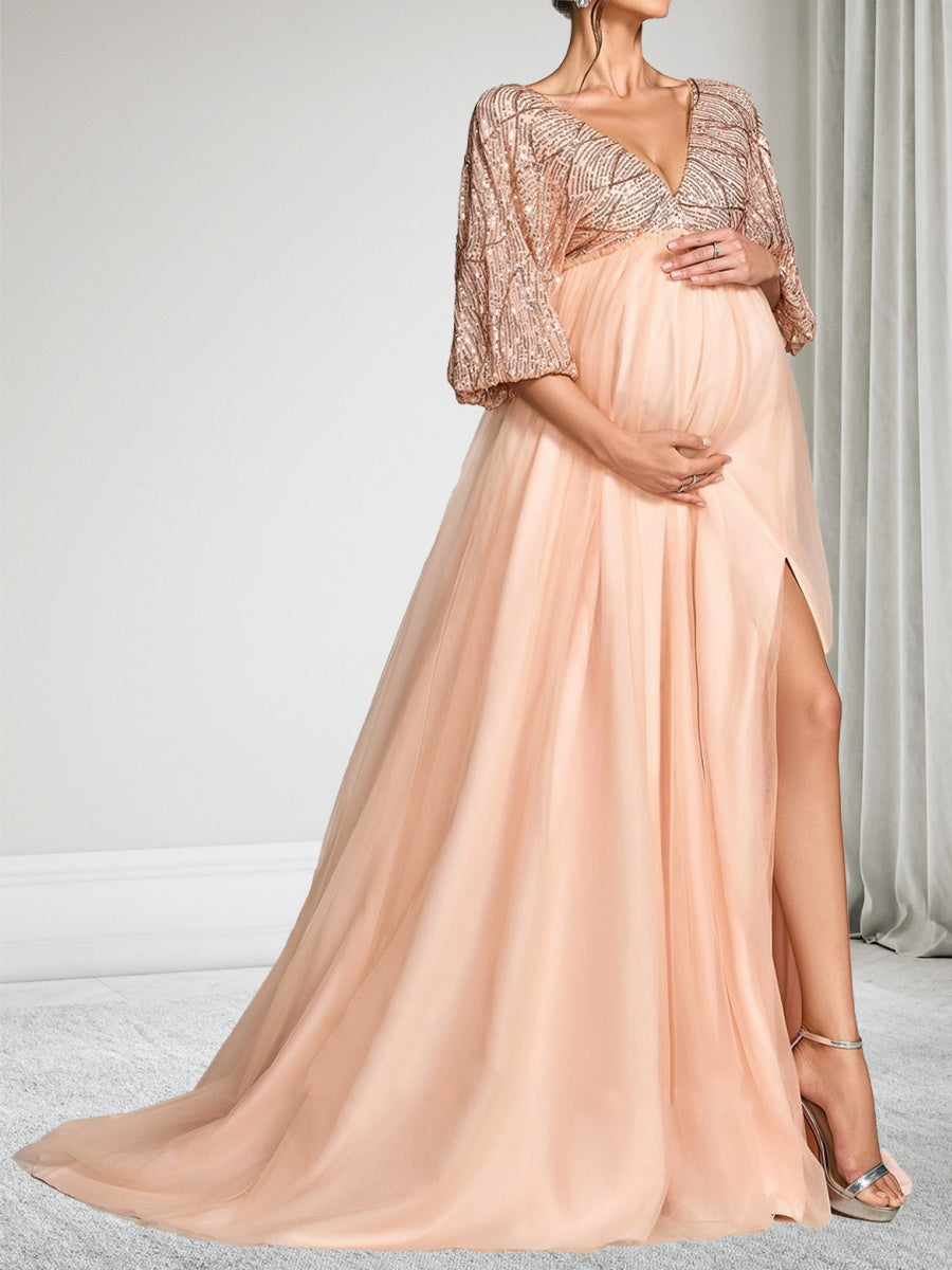 A-Line/Princess V-Neck 3/4 Sleeves Sweep Train Tulle Sequin Maternity Wedding Guest Dresses with Side Slit