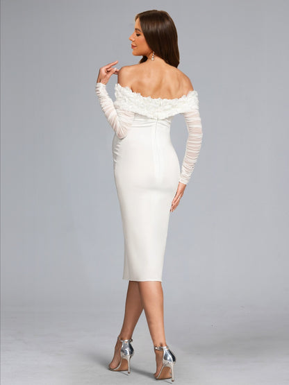 Sheath/Cloumn Off-the-Shoulder Long Sleeves Knee-Length Ruched Baby Shower Wedding Guest Dresses with 3D Floral