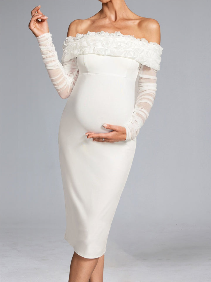 Sheath/Cloumn Off-the-Shoulder Long Sleeves Knee-Length Ruched Maternity Wedding Dresses with 3D Floral