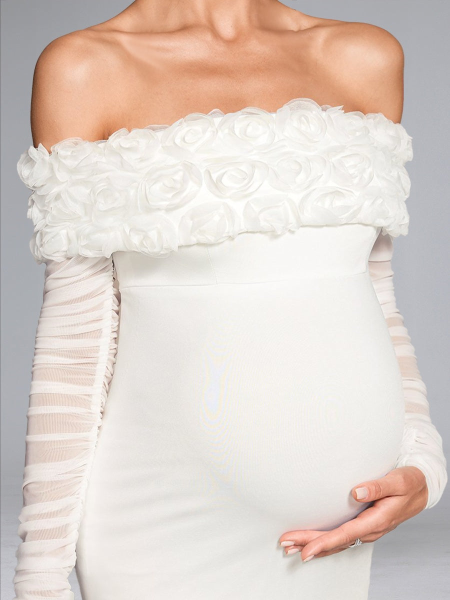 Sheath/Cloumn Off-the-Shoulder Long Sleeves Knee-Length Ruched Maternity Wedding Dresses with 3D Floral