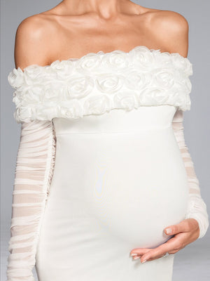 Sheath/Cloumn Off-the-Shoulder Long Sleeves Knee-Length Ruched Baby Shower Wedding Guest Dresses with 3D Floral