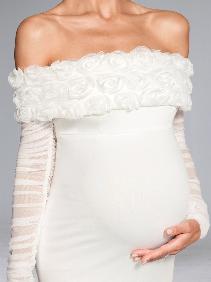 Sheath/Cloumn Off-the-Shoulder Long Sleeves Knee-Length Ruched Maternity Wedding Dresses with 3D Floral