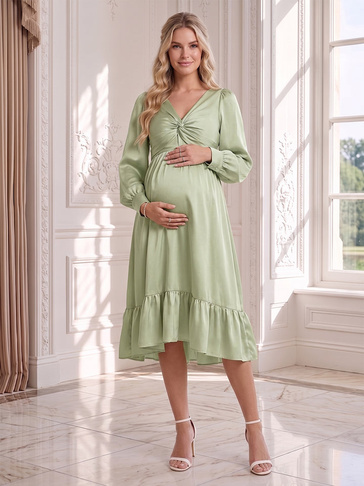 A-Line/Princess Long Sleeves Knee-Length Satin Maternity Wedding Guest Dresses with Ruffles