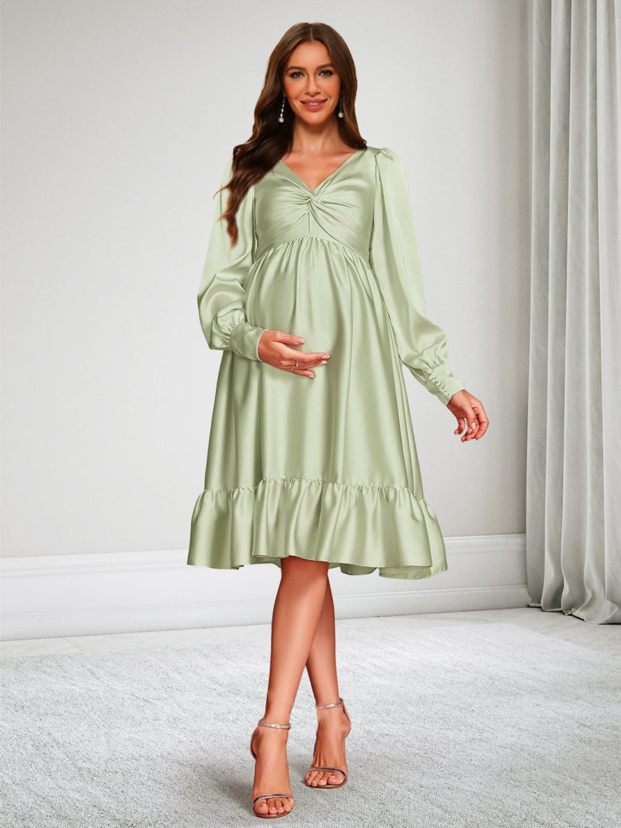 A-Line/Princess Long Sleeves Knee-Length Satin Baby Shower Wedding Guest Dresses with Ruffles