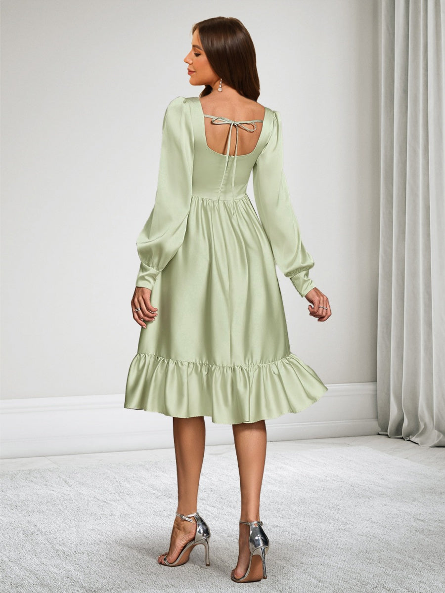 A-Line/Princess Long Sleeves Knee-Length Satin Baby Shower Wedding Guest Dresses with Ruffles