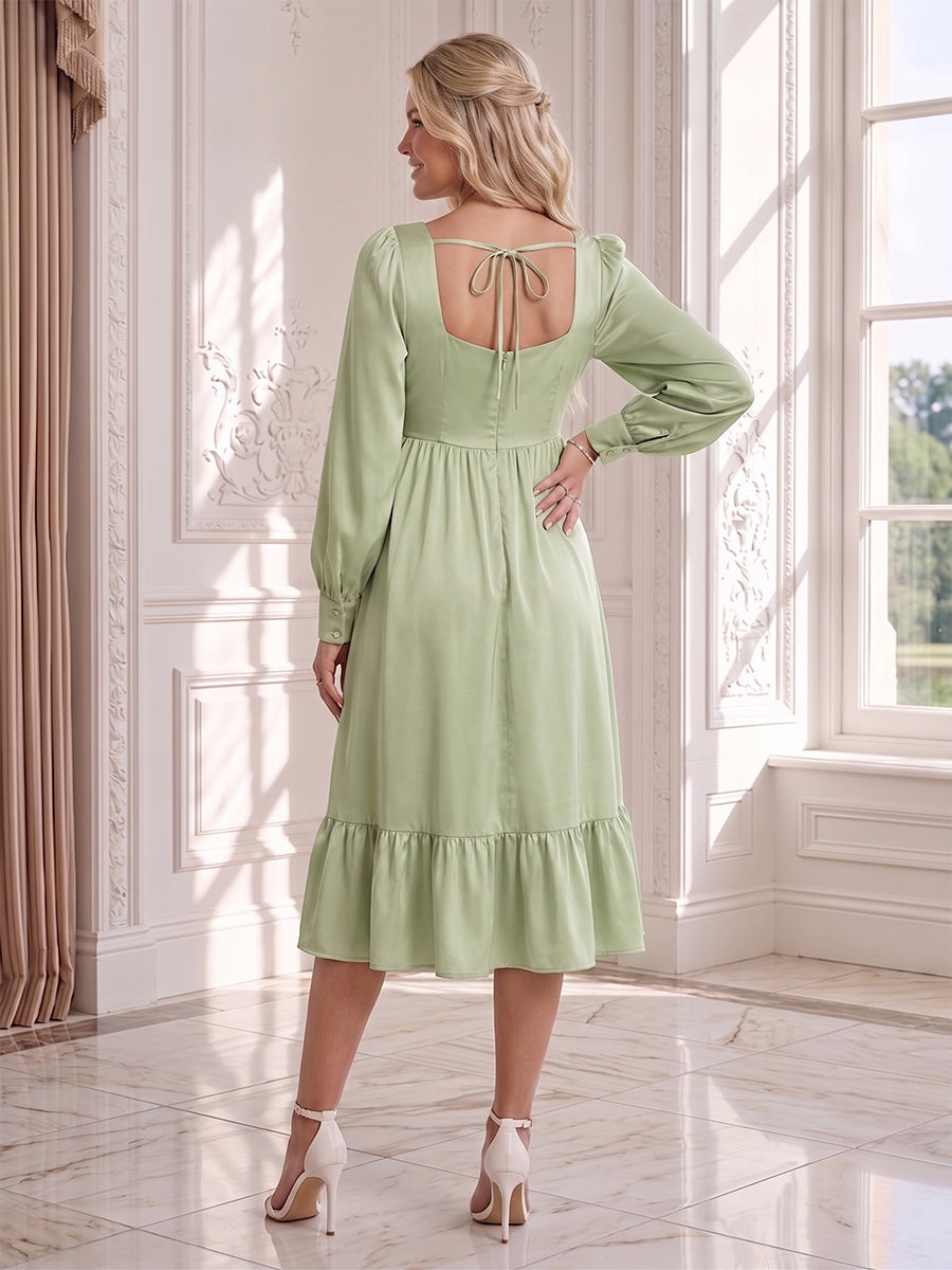 A-Line/Princess Long Sleeves Knee-Length Satin Maternity Wedding Guest Dresses with Ruffles