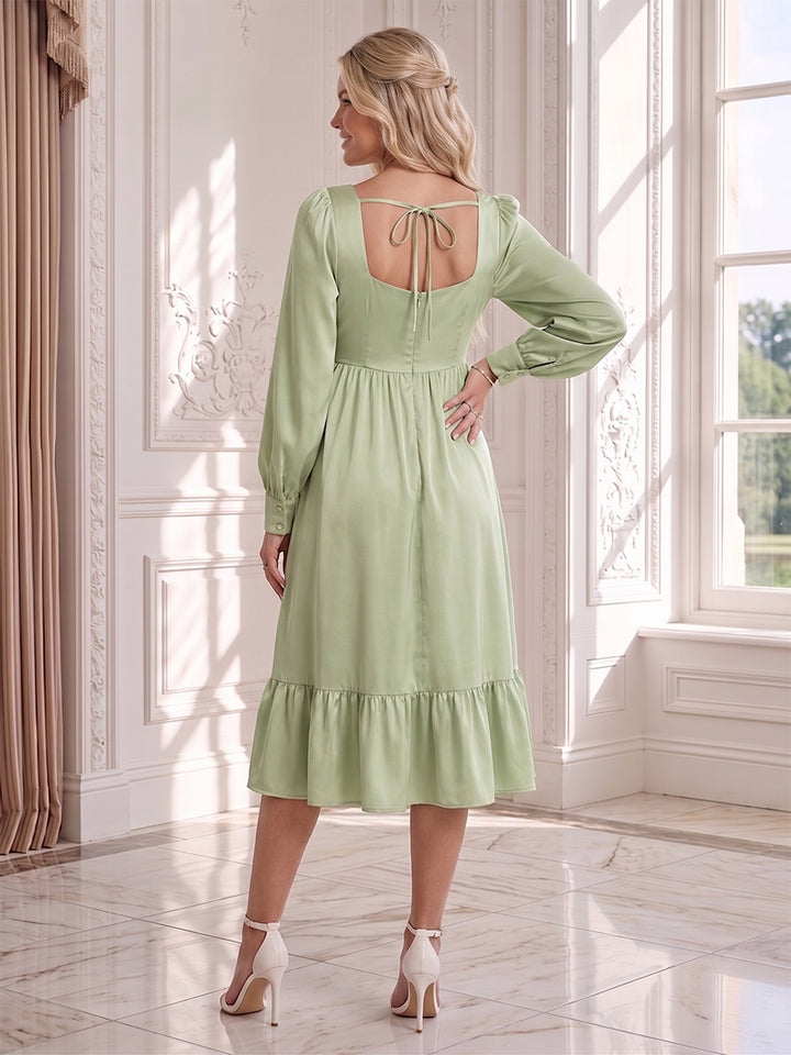 A-Line/Princess Long Sleeves Knee-Length Satin Maternity Wedding Guest Dresses with Ruffles