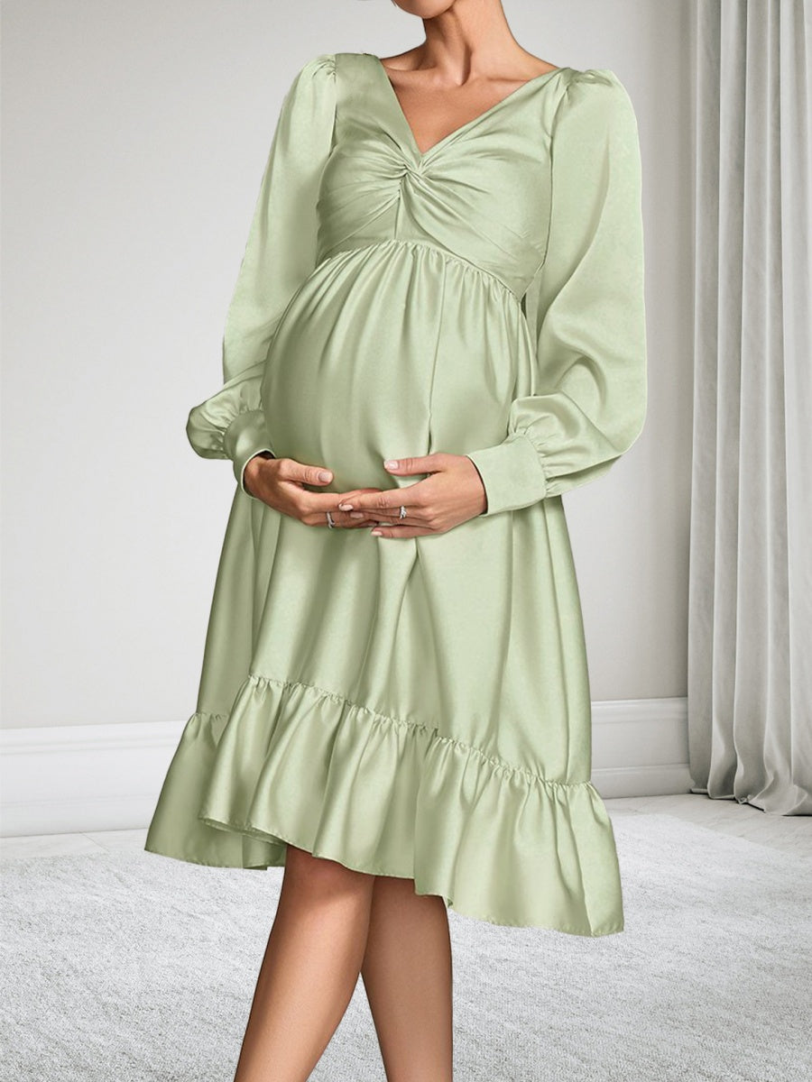 A-Line/Princess Long Sleeves Knee-Length Satin Maternity Wedding Guest Dresses with Ruffles