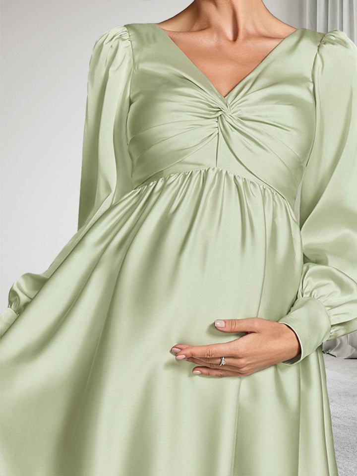 A-Line/Princess Long Sleeves Knee-Length Satin Maternity Wedding Guest Dresses with Ruffles