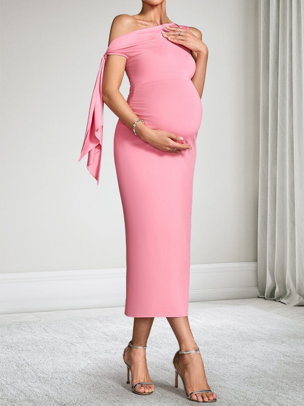 Sheath/Cloumn Sleeveless Tea-Length Asymmetrical Neck Baby Shower Wedding Guest Dresses