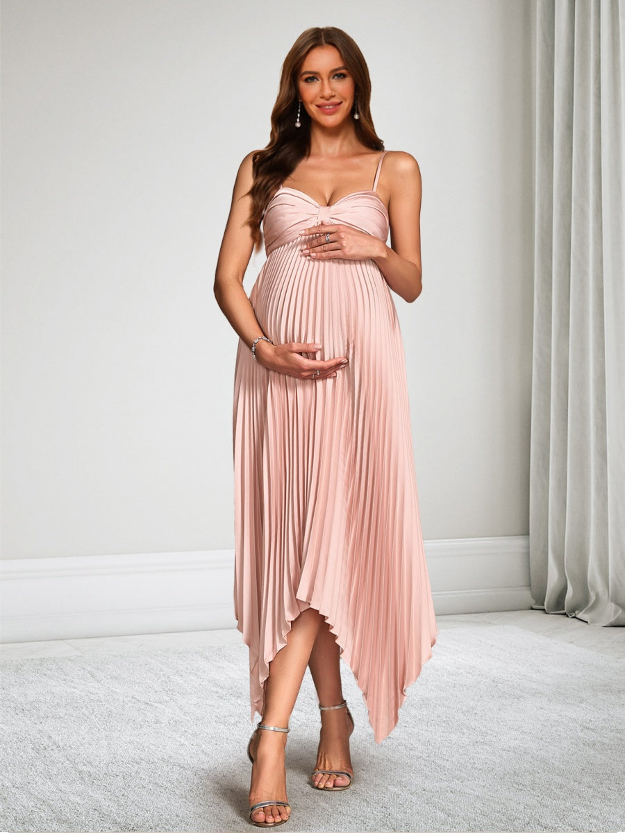 A-Line/Princess Spaghetti Straps Tea-Length Asymmetrical Pleated Satin Baby Shower Wedding Guest Dresses