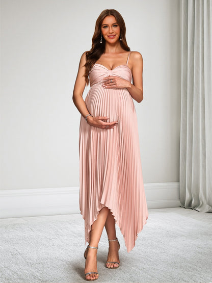 A-Line/Princess Spaghetti Straps Tea-Length Asymmetrical Pleated Satin Baby Shower Wedding Guest Dresses