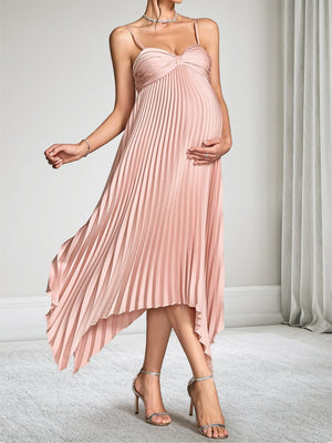 A-Line/Princess Spaghetti Straps Tea-Length Asymmetrical Pleated Satin Baby Shower Wedding Guest Dresses