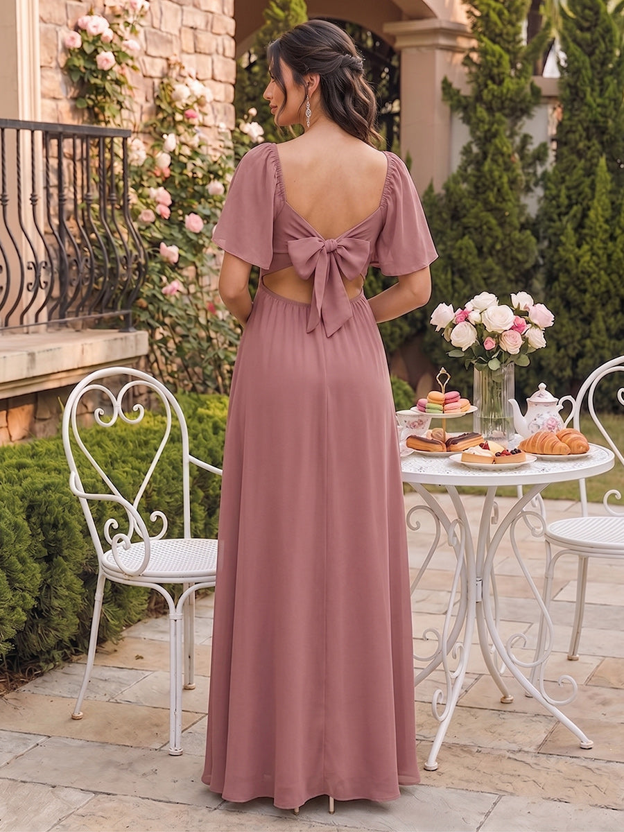 A-Line/Princess V-Neck Ankle-Length Short Sleeves Chiffon Maternity Wedding Guest Dresses with Bowknot