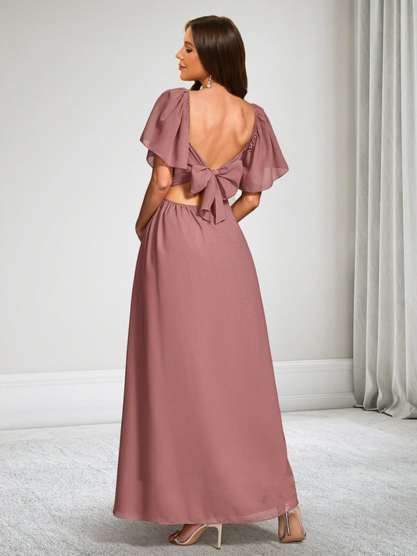 A-Line/Princess V-Neck Ankle-Length Short Sleeves Chiffon Baby Shower Wedding Guest Dresses with Bowknot