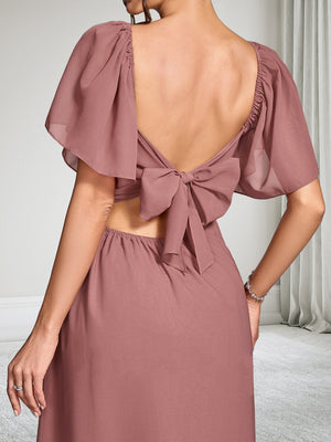 A-Line/Princess V-Neck Ankle-Length Short Sleeves Chiffon Baby Shower Wedding Guest Dresses with Bowknot