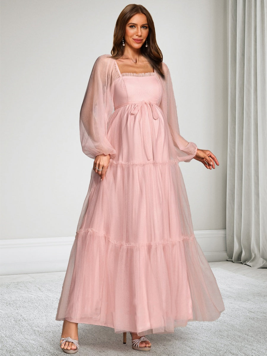A-Line/Princess Square Neck Ankle-Length Long Sleeves Tulle Baby Shower Wedding Guest Dresses with Bowknot