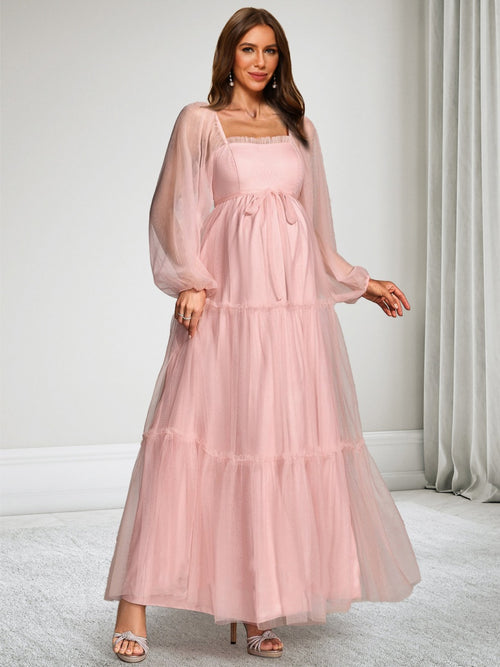 A-Line/Princess Square Neck Ankle-Length Long Sleeves Tulle Baby Shower Wedding Guest Dresses with Bowknot