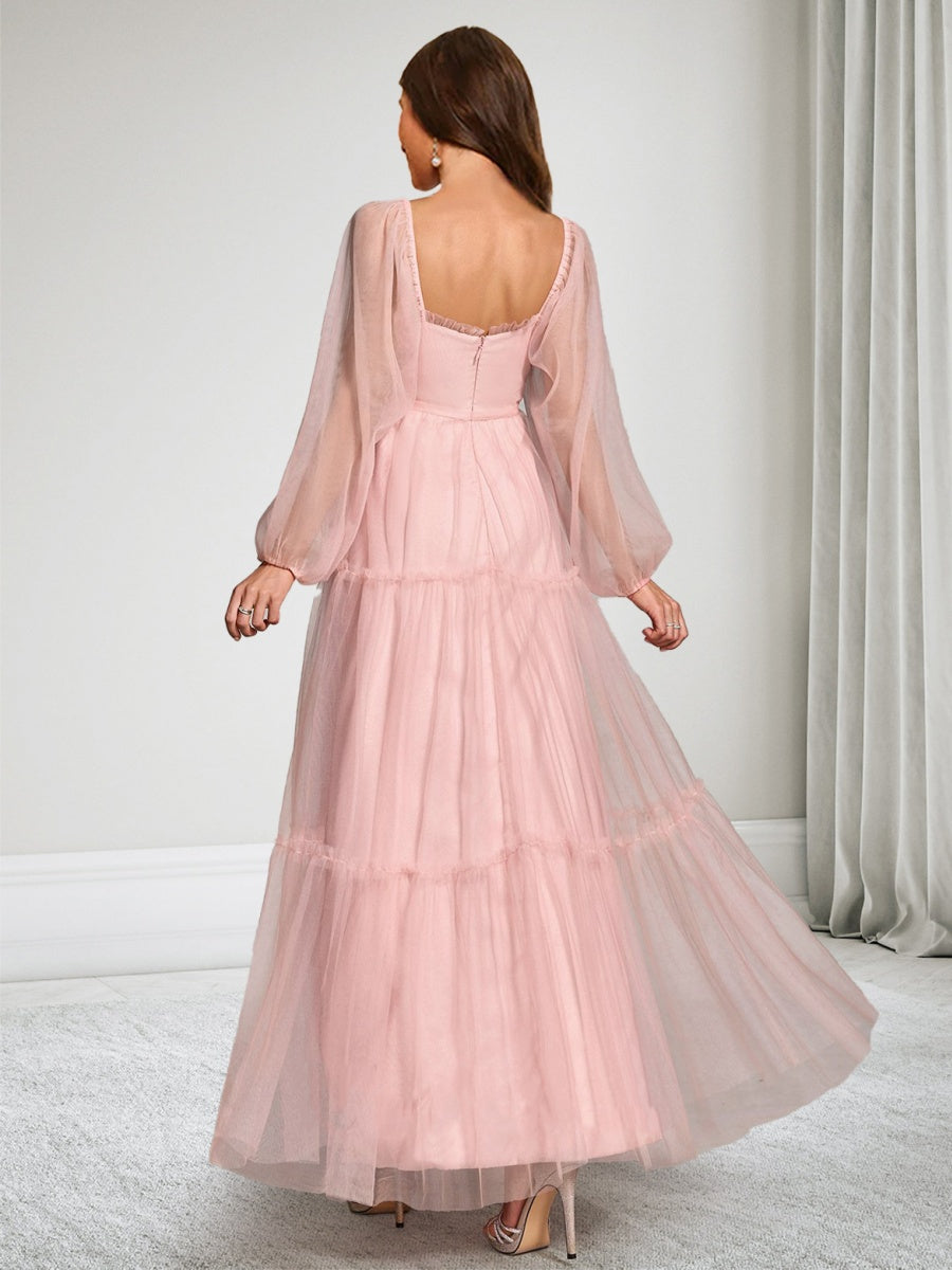 A-Line/Princess Square Neck Ankle-Length Long Sleeves Tulle Baby Shower Wedding Guest Dresses with Bowknot
