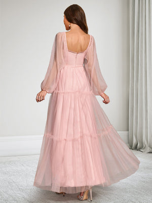 A-Line/Princess Square Neck Ankle-Length Long Sleeves Tulle Baby Shower Wedding Guest Dresses with Bowknot