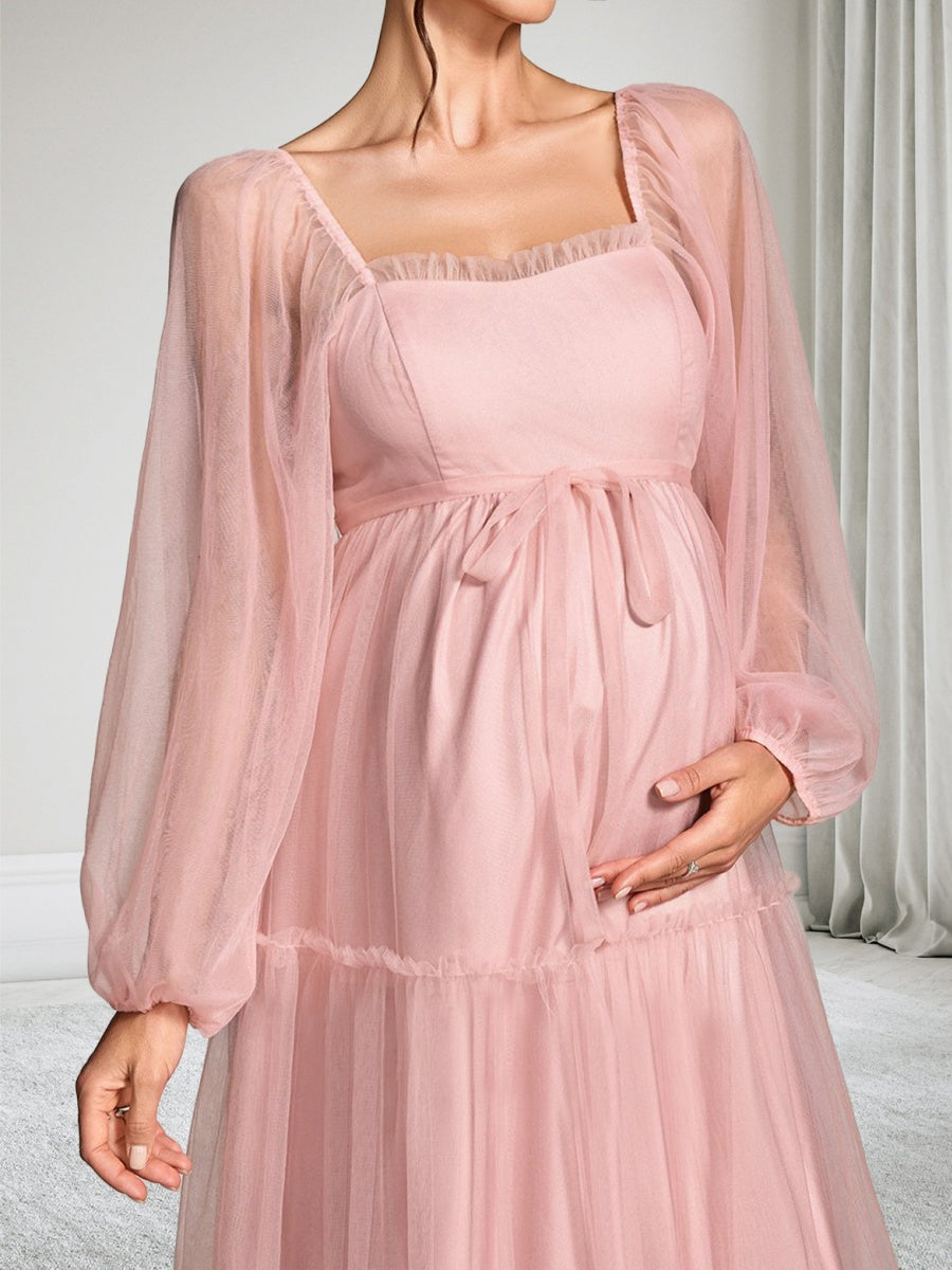 A-Line/Princess Square Neck Ankle-Length Long Sleeves Tulle Maternity Wedding Guest Dresses with Bowknot